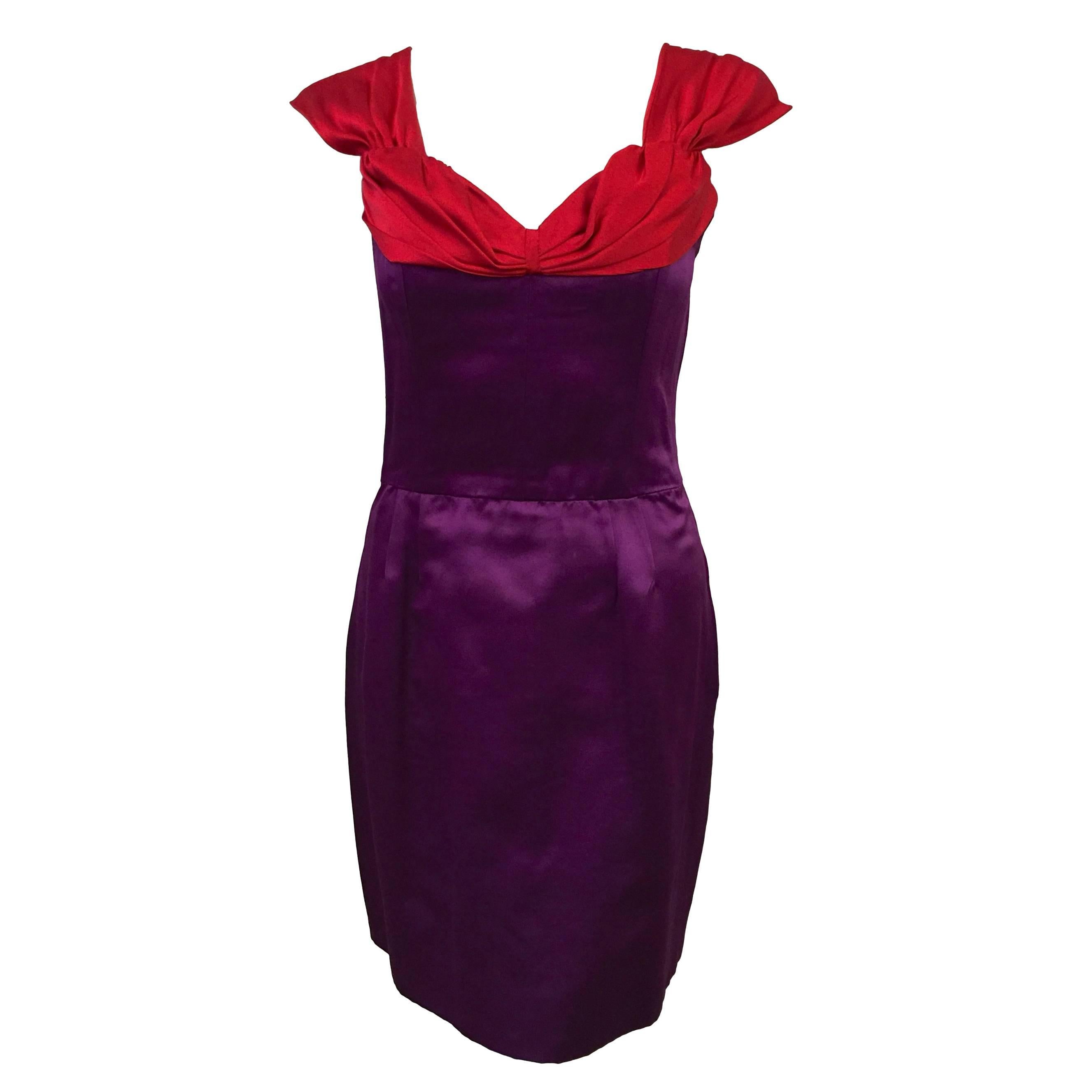 1990s Lanvin Electric Aubergine and Berry Silk Satin Cap Sleeve Cocktail Dress  For Sale