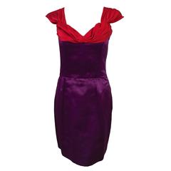 1990s Lanvin Electric Aubergine and Berry Silk Satin Cap Sleeve Cocktail Dress 