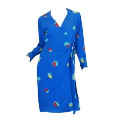 1977 Halston Pretty Blue Silk Print Wrap Dress 11