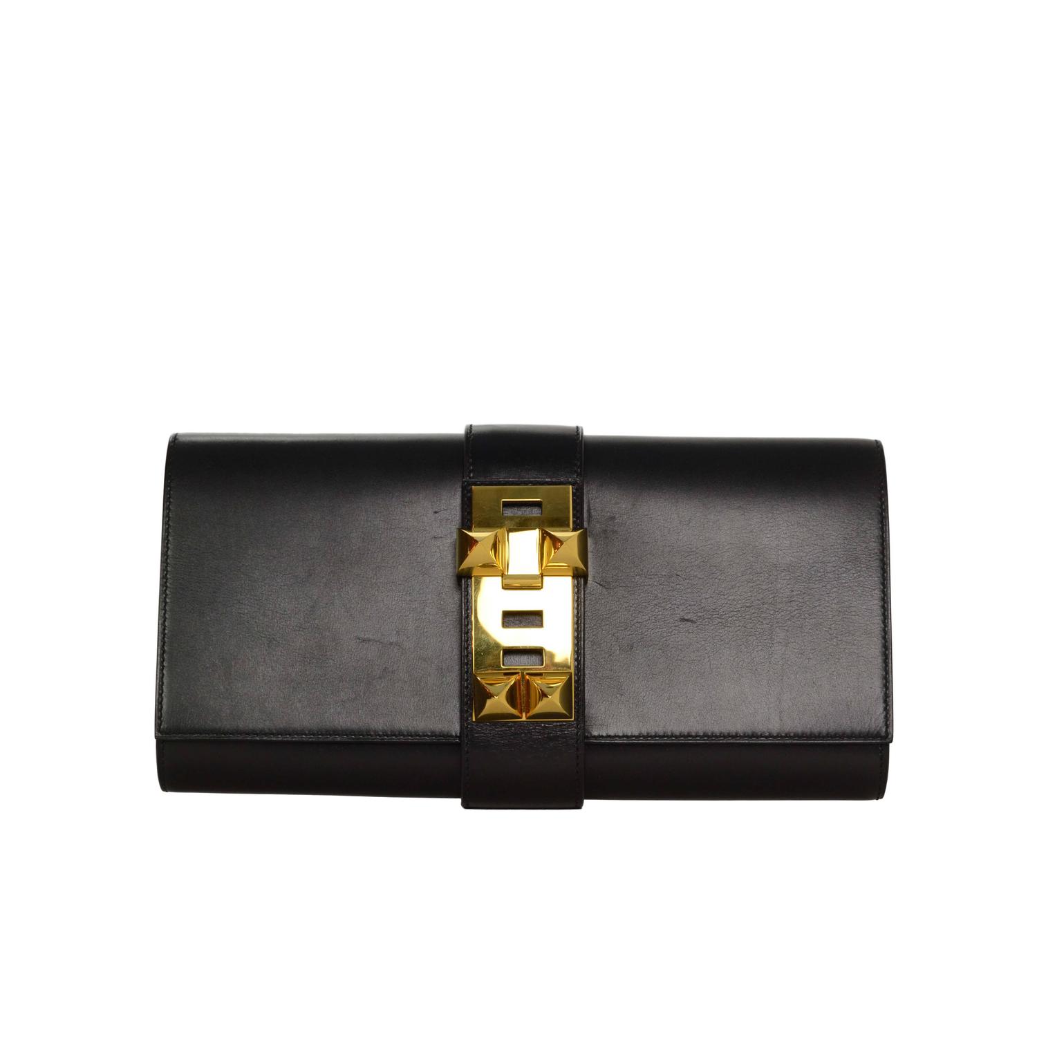 Hermes Black Box Leather 29cm Medor Clutch Bag GHW at 1stdibs  