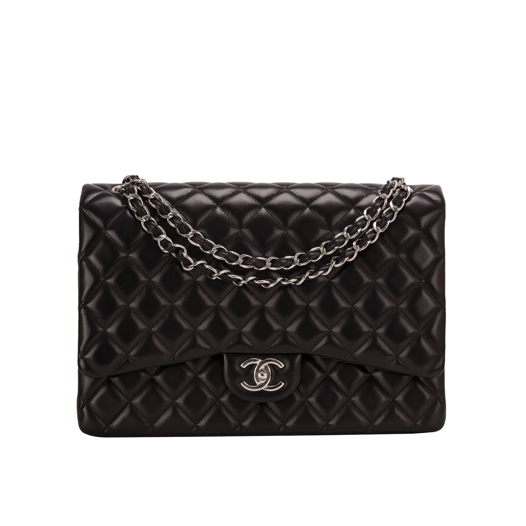 Chanel Black Quilted Lambskin Maxi Classic Double Flap Bag For Sale