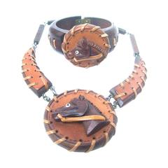 1950
s Carved Wood Equestrian Necklace and Bracelet Set.