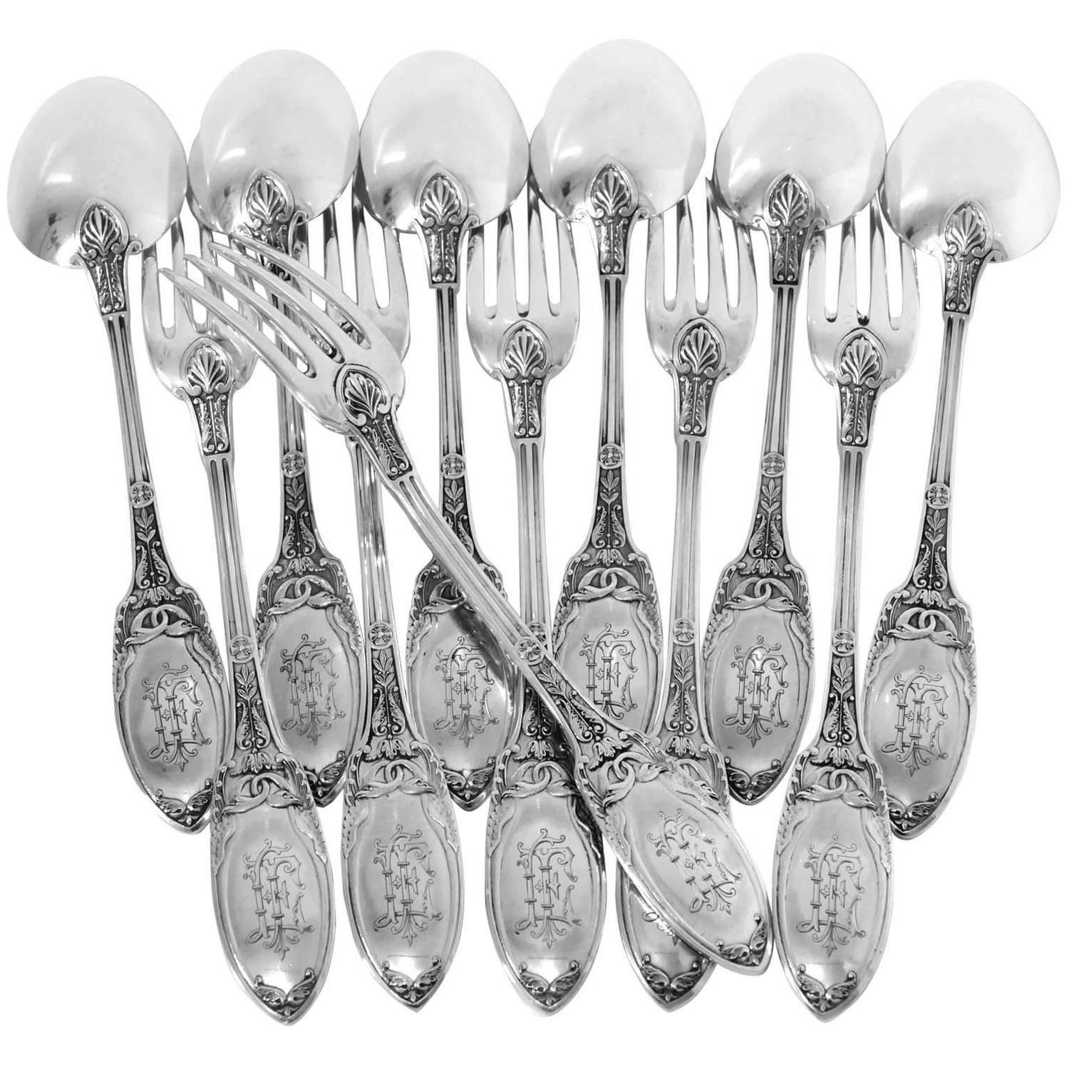 Combeau Rare French Sterling Silver Dinner Flatware Set 12 Piece Empire, Swans