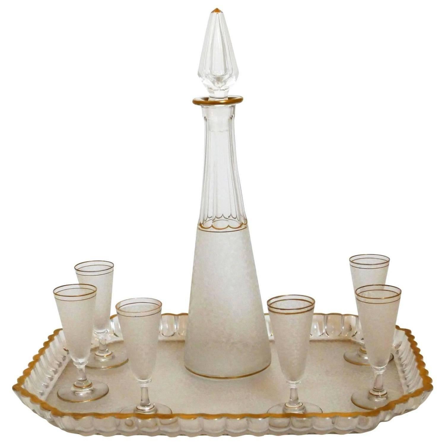 1900s Saint Louis Gold Enamel Crystal Liquor Set, Decanter Cordials and Tray