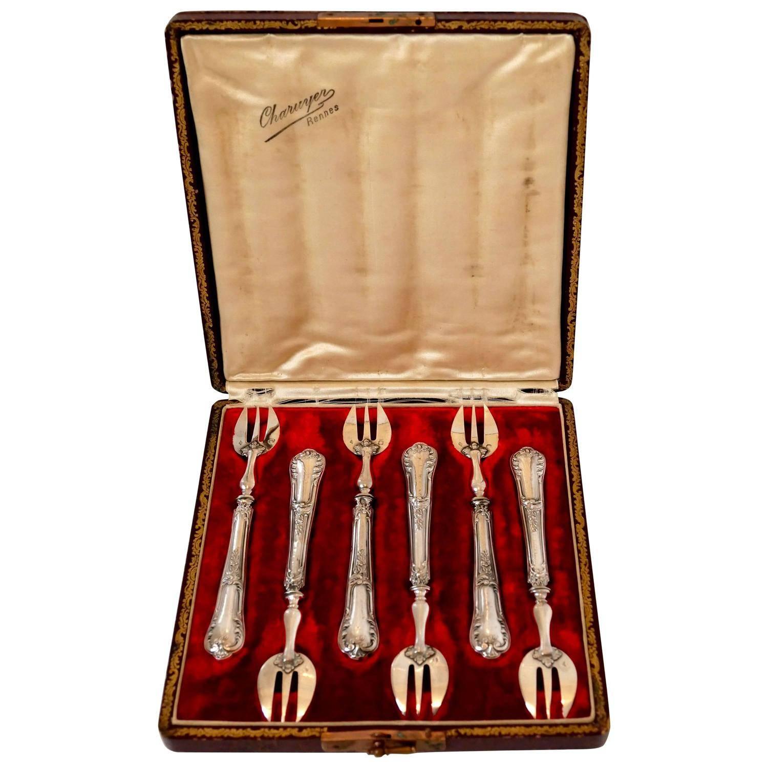 Coignet Antique French All Sterling Silver Oyster Forks Original Box