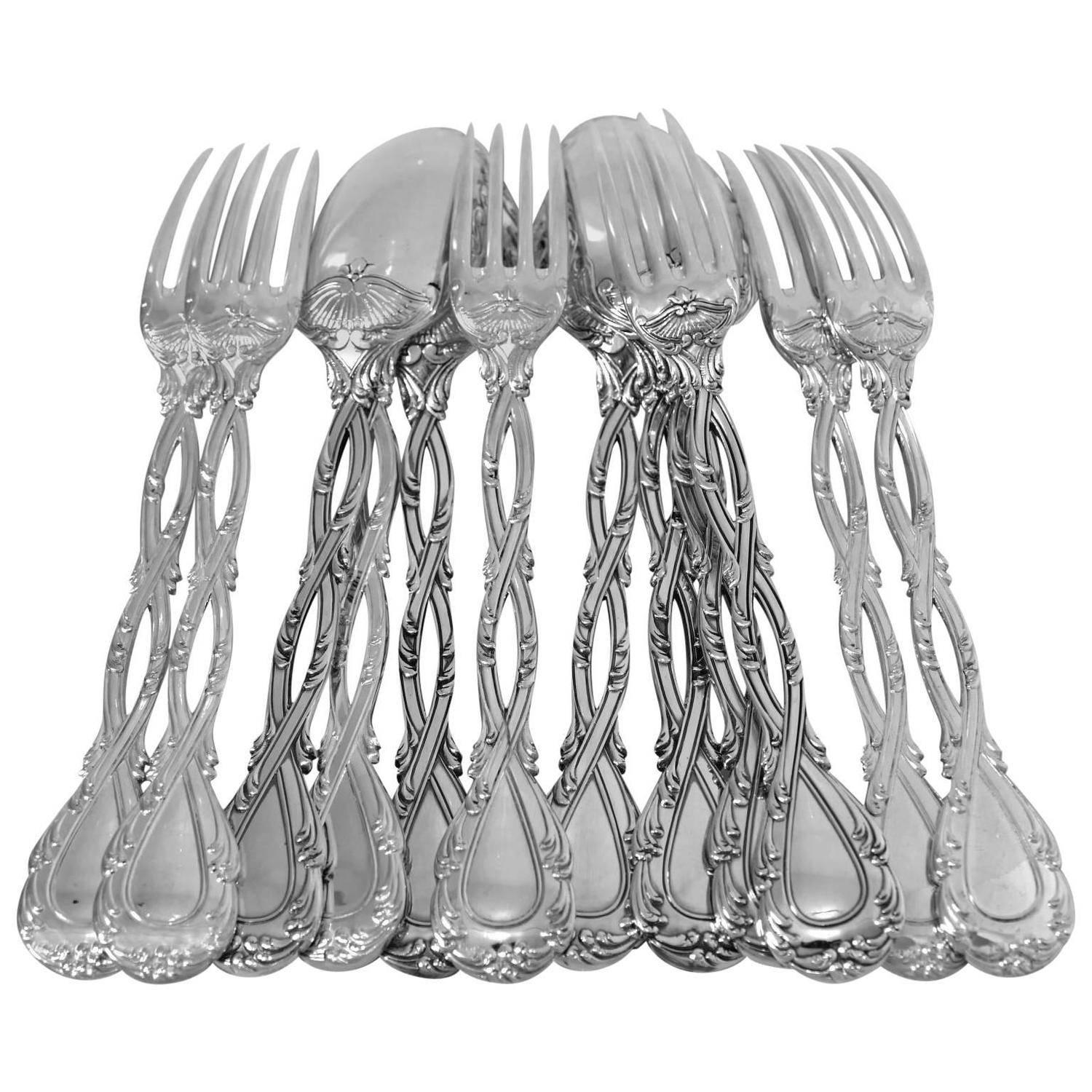 Odiot Tetard French Sterling Silver Dessert Entremet Set 12 Pc Trianon Pattern For Sale