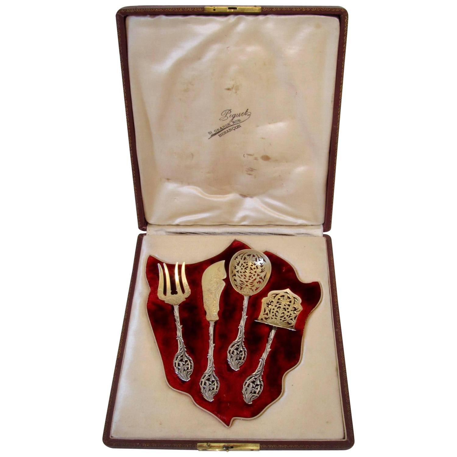  Ernie French All Sterling Silver 18K Gold Dessert Hors D'oeuvre Set with Box For Sale