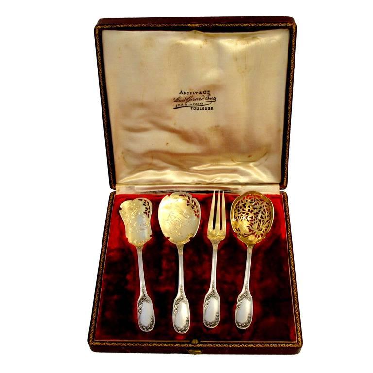 Gorgeous French All Sterling Silver 18k Gold Dessert Set Box Musical Instruments