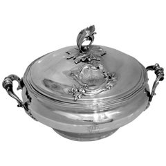 Soufflot Rare French Sterling Silver Covered Serving Dish/Tureen Pair, Rococo