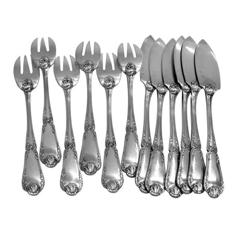 Puiforcat Rare French Sterling Silver Fish Flatware Set 12 pieces