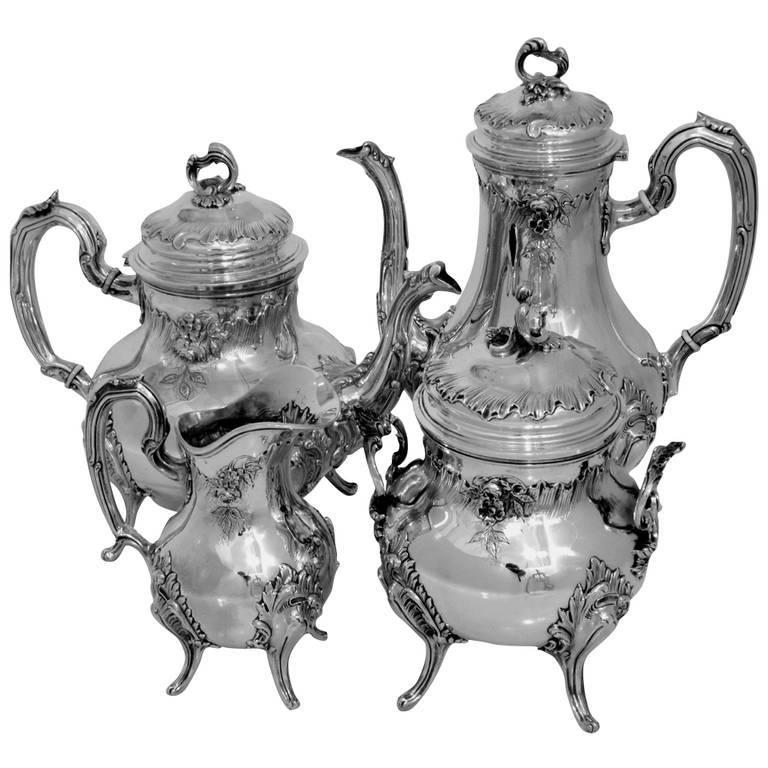 Fabulous French All Sterling Silver Tea and Coffee Service Four-Piece Rococo