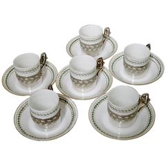 1870s French Sterling Silver Porcelain of Paris Six Tea Cups with Saucers Empire