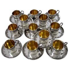 Antique Boulanger Rare French Sterling Silver 18k Gold Twelve Coffee/Tea Cups w/Saucers 