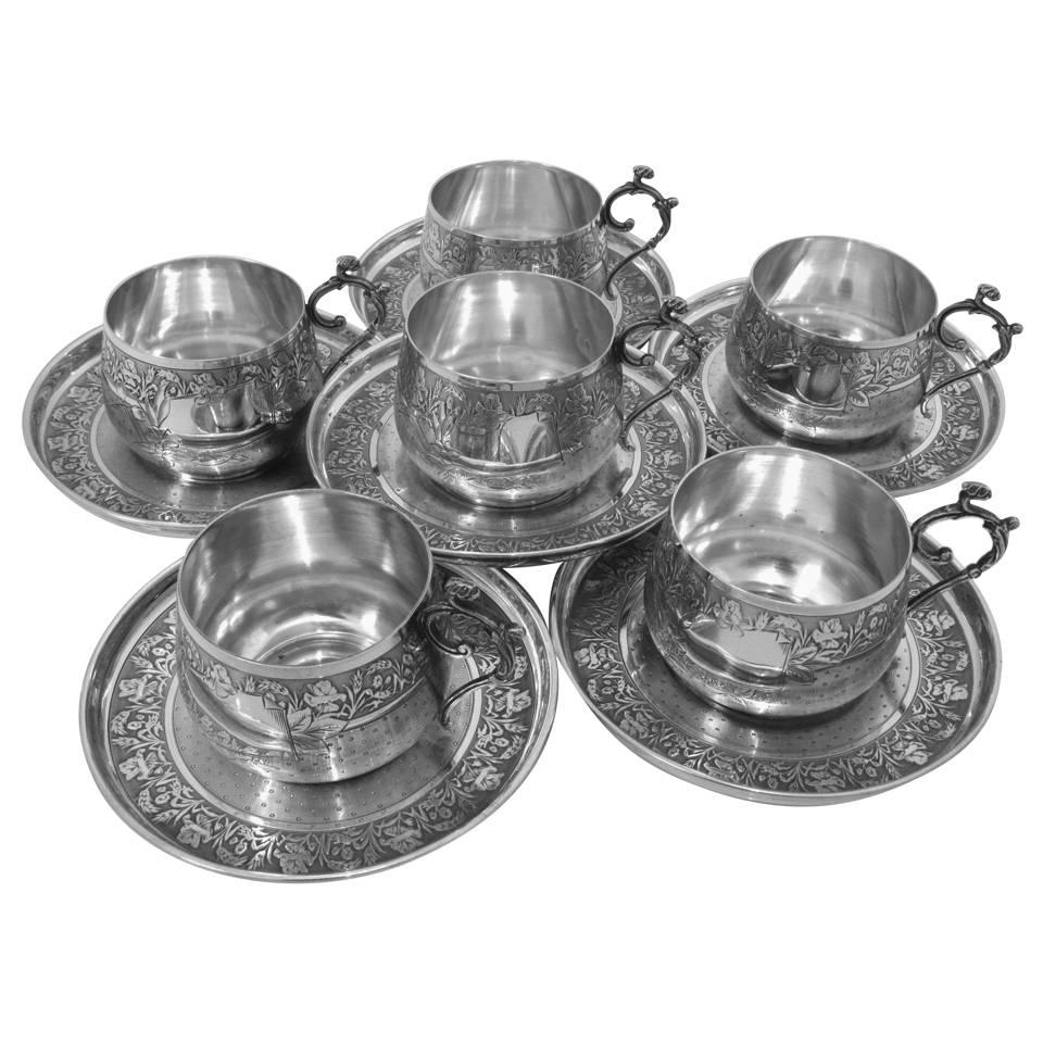 Compere Ornate French Sterling Silver Six Coffee Tea Cups with Saucers For Sale
