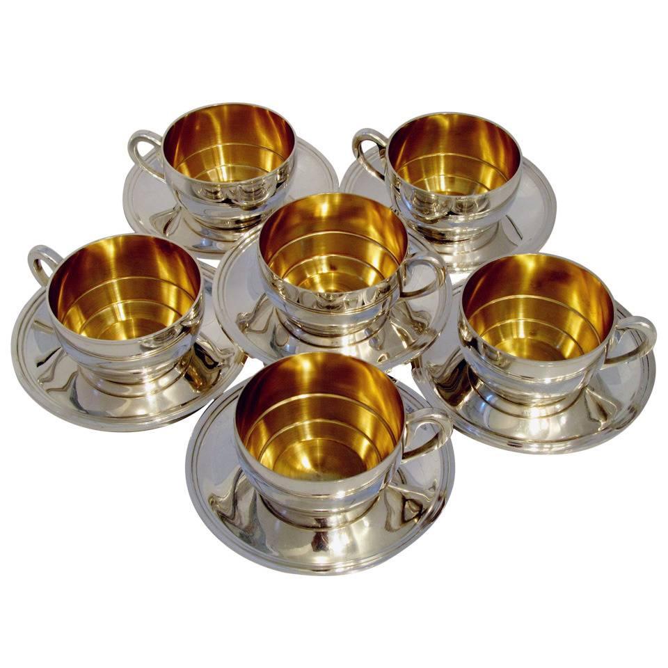 Ravinet Massive French Sterling Silver 18k Gold Six Tea Cups and Saucers