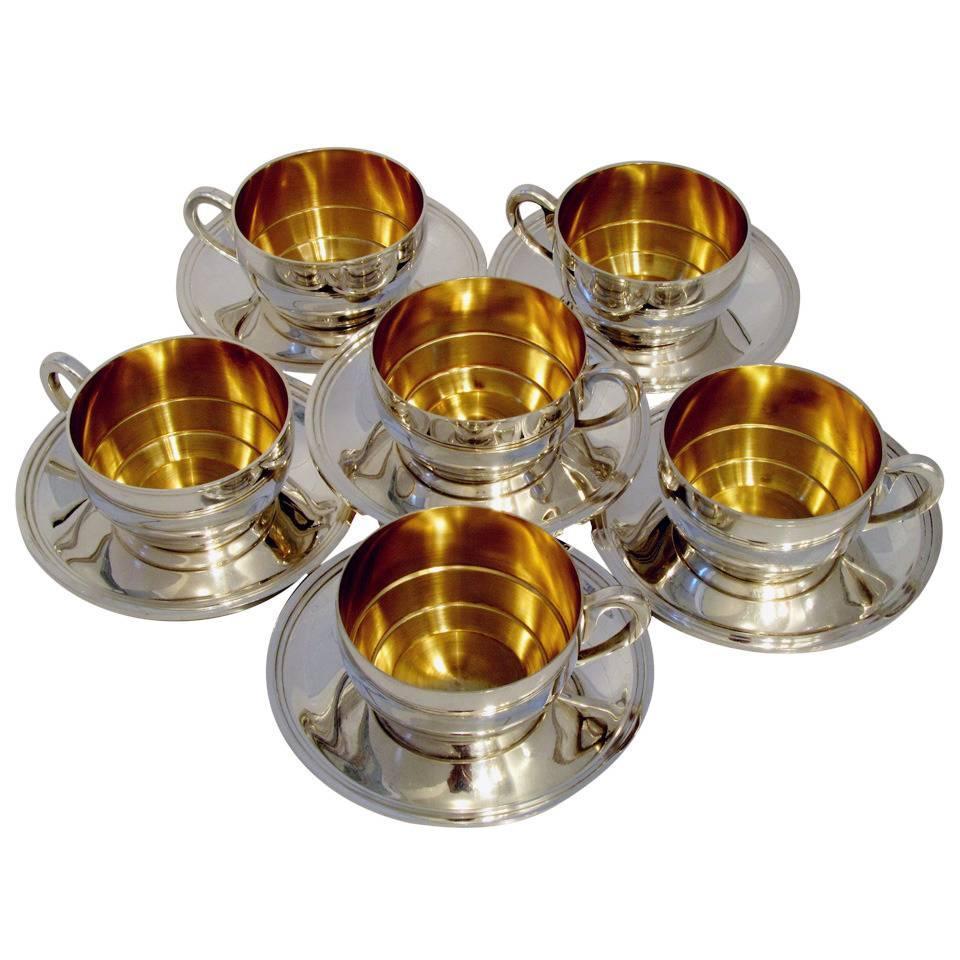 Massive French Sterling Silver 18k Gold Six Tea Cups and Saucers For Sale at 1stdibs