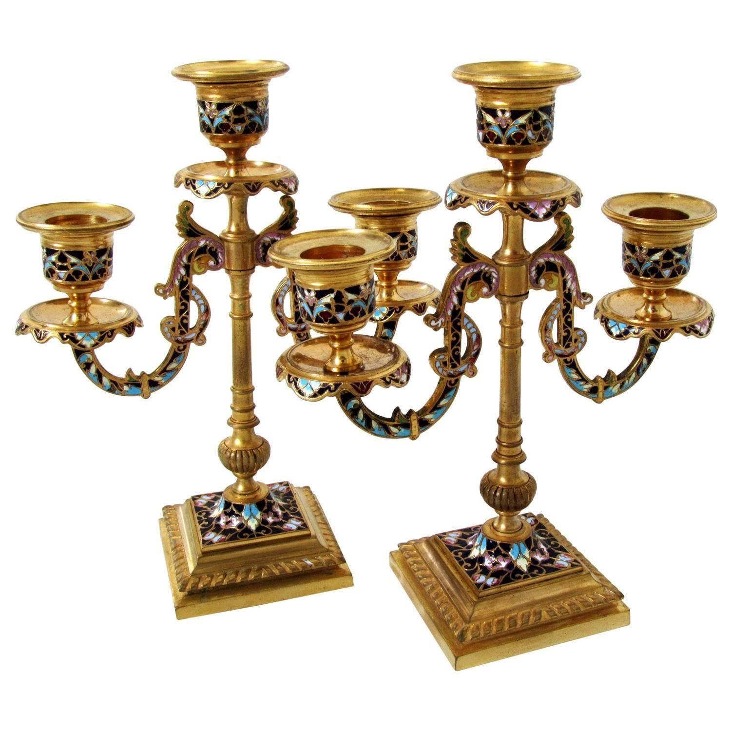 Antique Pair of French Ormolu Bronze Champleve Enamel Candelabra For Sale