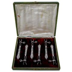 Rare French Sterling Silver Cutlet Holders Set of Six Pieces Original Box Rococo