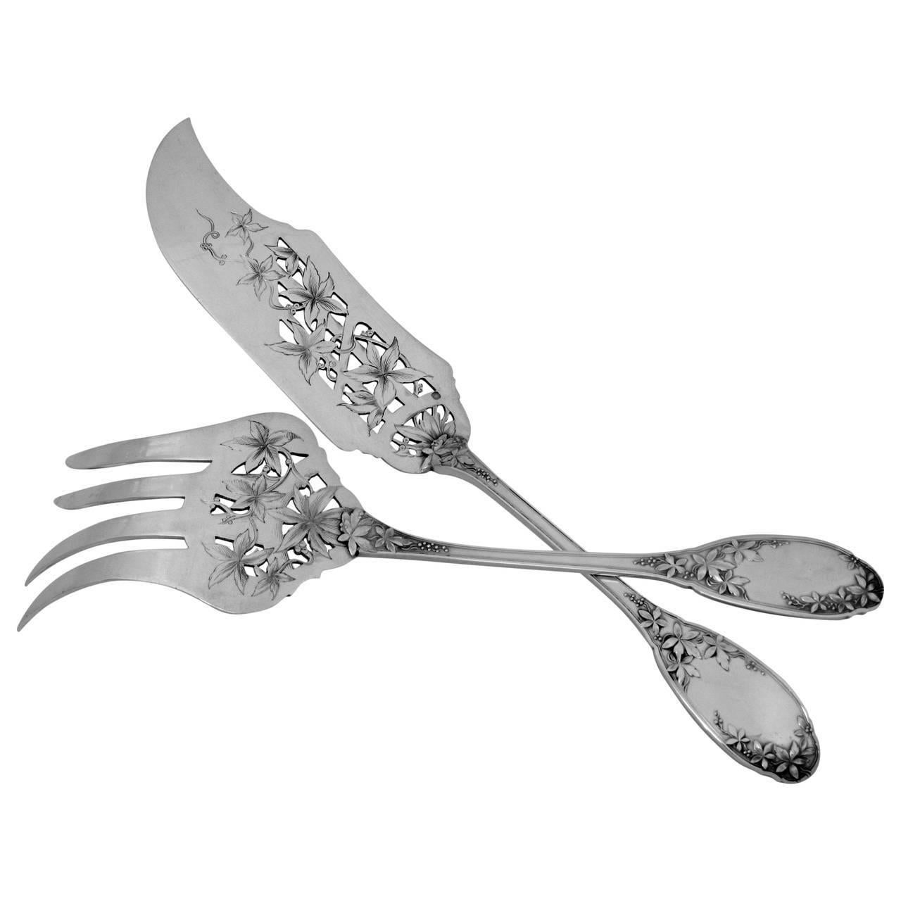 Fabulous French All Sterling Silver Fish Servers Two Pieces Vine Leaves Pattern