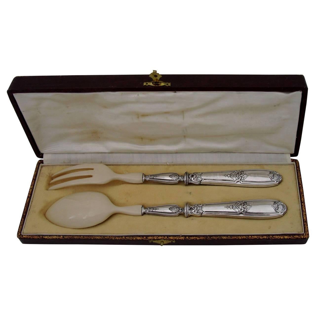 French Sterling Silver Salad Serving Set of Two Pieces with Original Box Regency For Sale