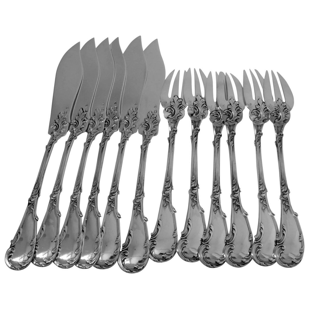 Fouquet-Lapar French All Sterling Silver Fish Flatware Set of 12 Pieces, Rococo For Sale