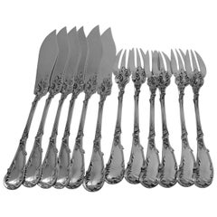 Fouquet-Lapar French All Sterling Silver Fish Flatware Set of 12 Pieces, Rococo