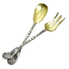 Soufflot French Sterling Silver 18-Karat Gold Salad Serving Set Box Cornucopia 12