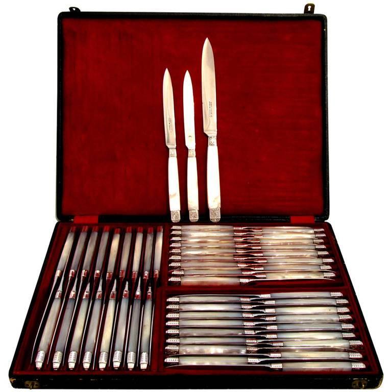 Piault French Sterling Silver Mother-of-Pearl Table Knife Set of 54 Pieces Box