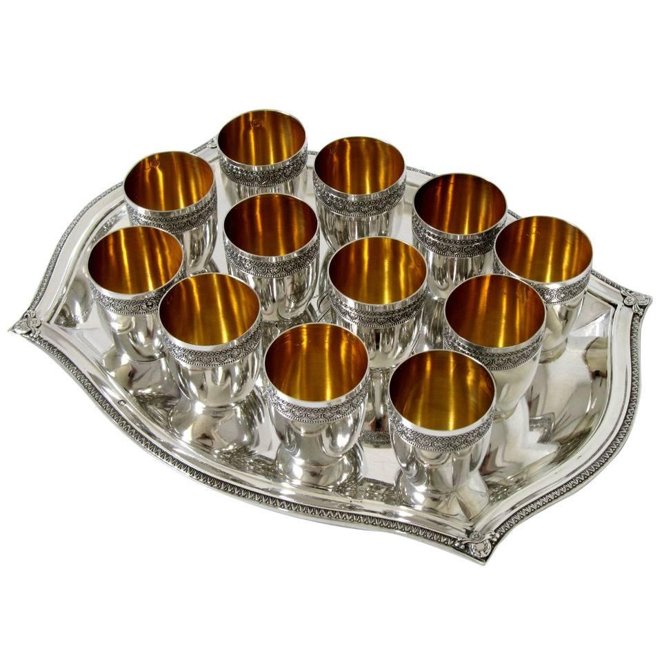 French Sterling Silver 18-Karat Gold Liquor Cups, Original Tray and Box Empire For Sale
