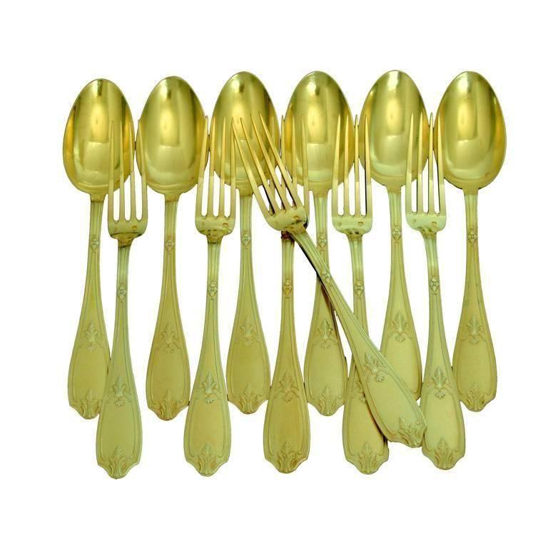 Puiforcat French Sterling Silver 18Karat Gold Flatware Set of 12