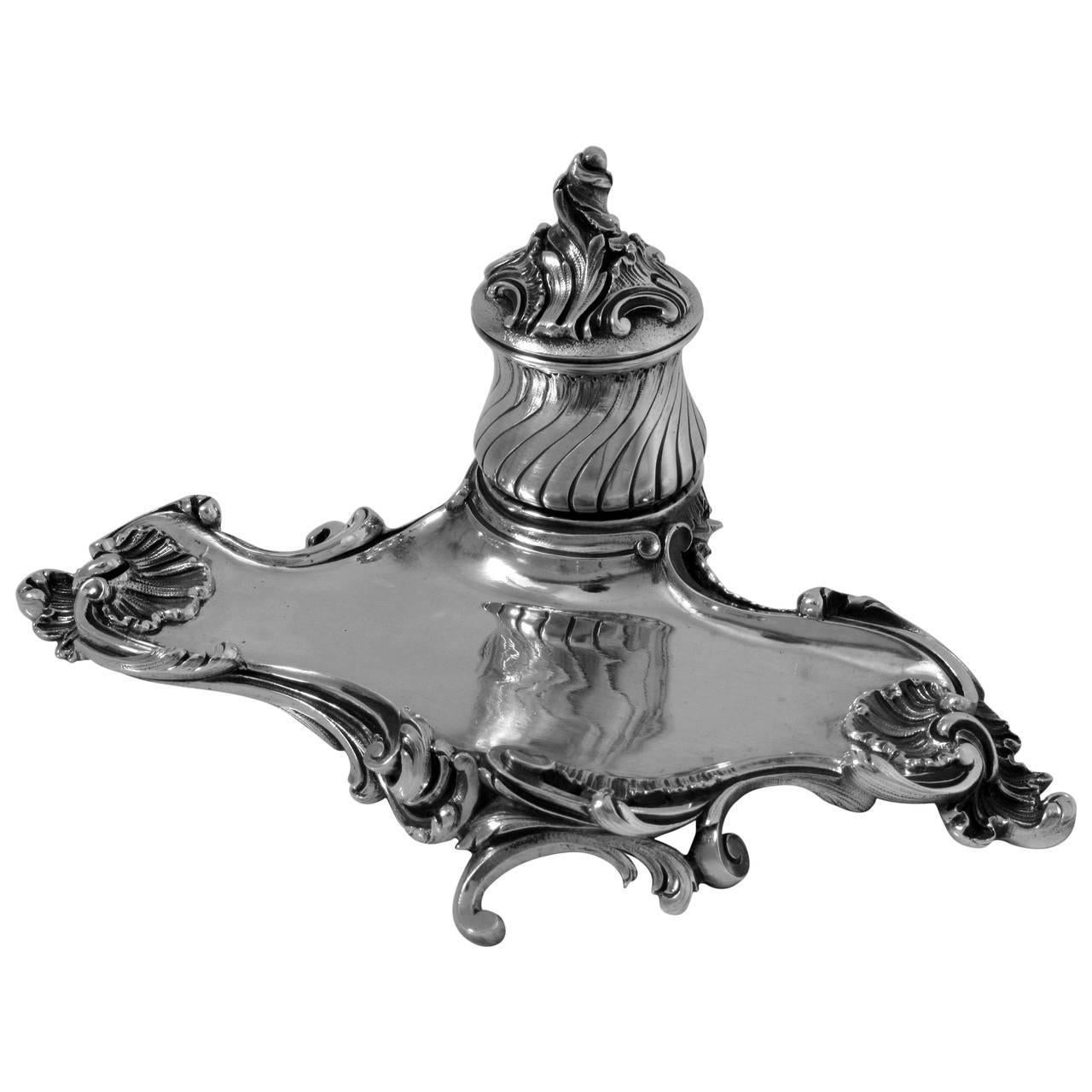 Canaux Rare French All Sterling Silver Inkwell Exaggerated Rococo Pattern For Sale