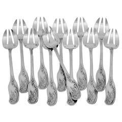 Antique Veyrat French All Sterling Silver Oyster Forks Set of 12 Pieces with Box Fantasy
