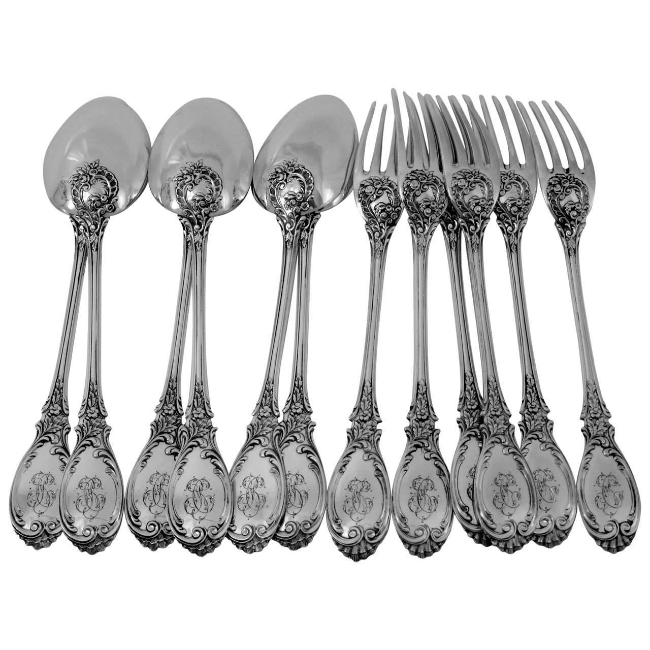 Puiforcat French Sterling Silver Dessert Entremet Flatware 12-Piece Set Roses