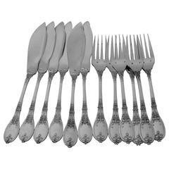 Used Fabulous French Silver Plate Fish Flatware Set of 12 Pieces Neoclassical