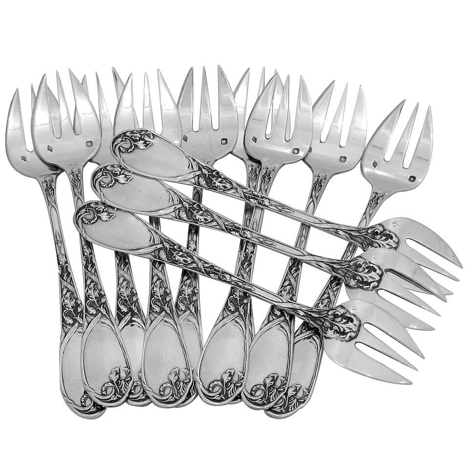 Puiforcat Fabulous French All Sterling Silver Oyster Forks Set of 12 Pieces Iris For Sale