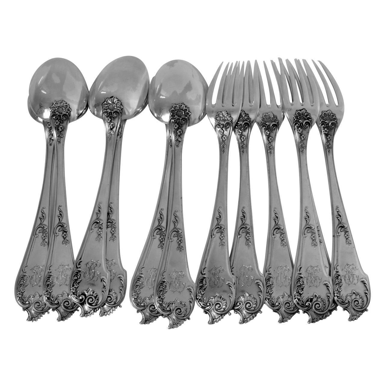Roussel Antique French Sterling Silver Dinner Flatware Set 12 Pieces Rococo For Sale