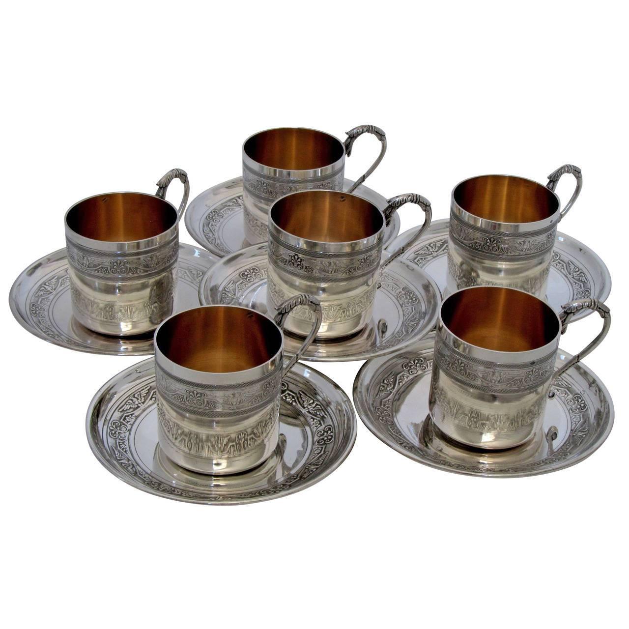 Molle French Sterling Silver 18-Karat Gold Six Coffee Tea Cups Imperial Eagles
