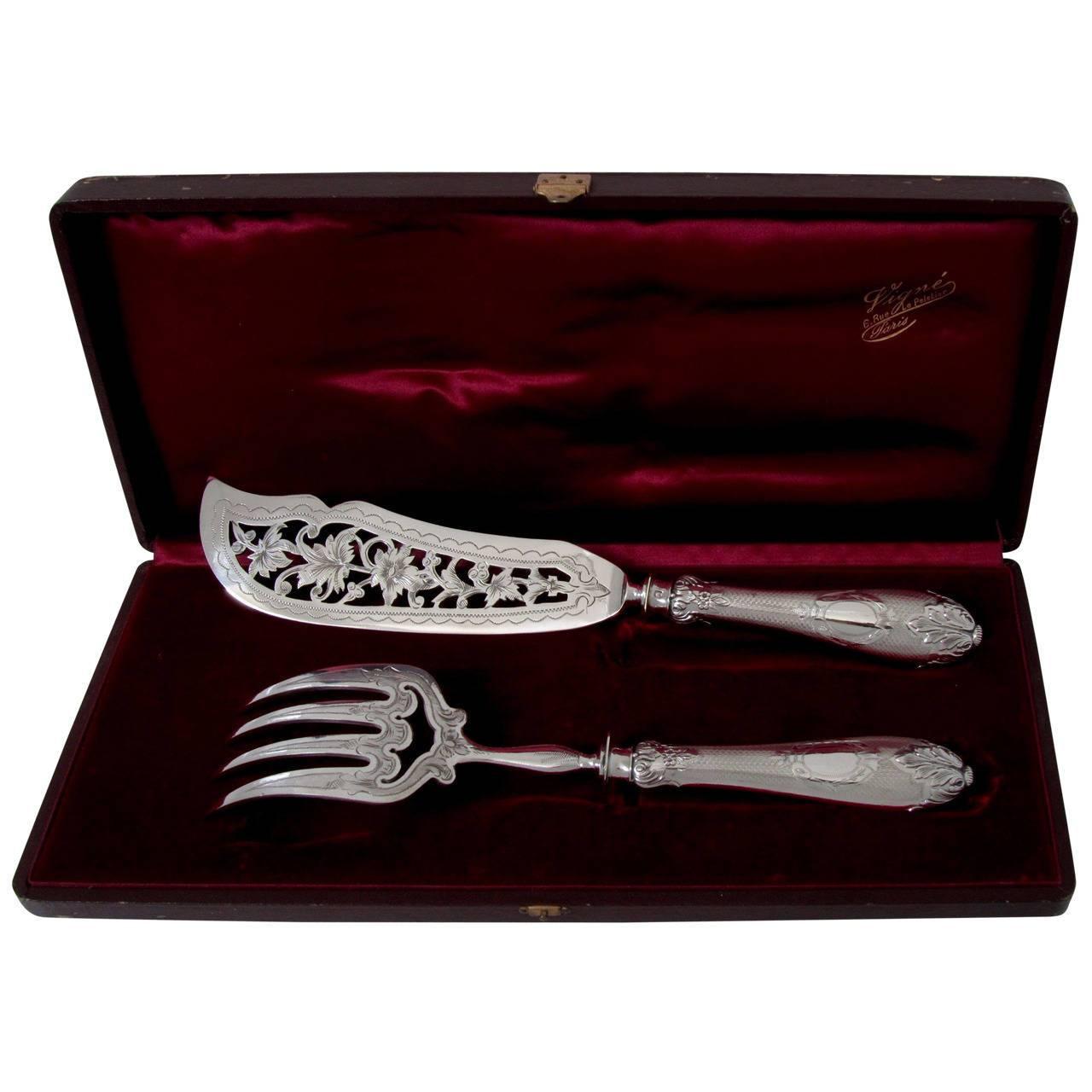 Antique French Sterling Silver Fish Server Set of Two Pieces with Original Box For Sale