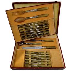 Antique French Horn Sterling Silver Table Knife Set with Matching Serving Pieces Box