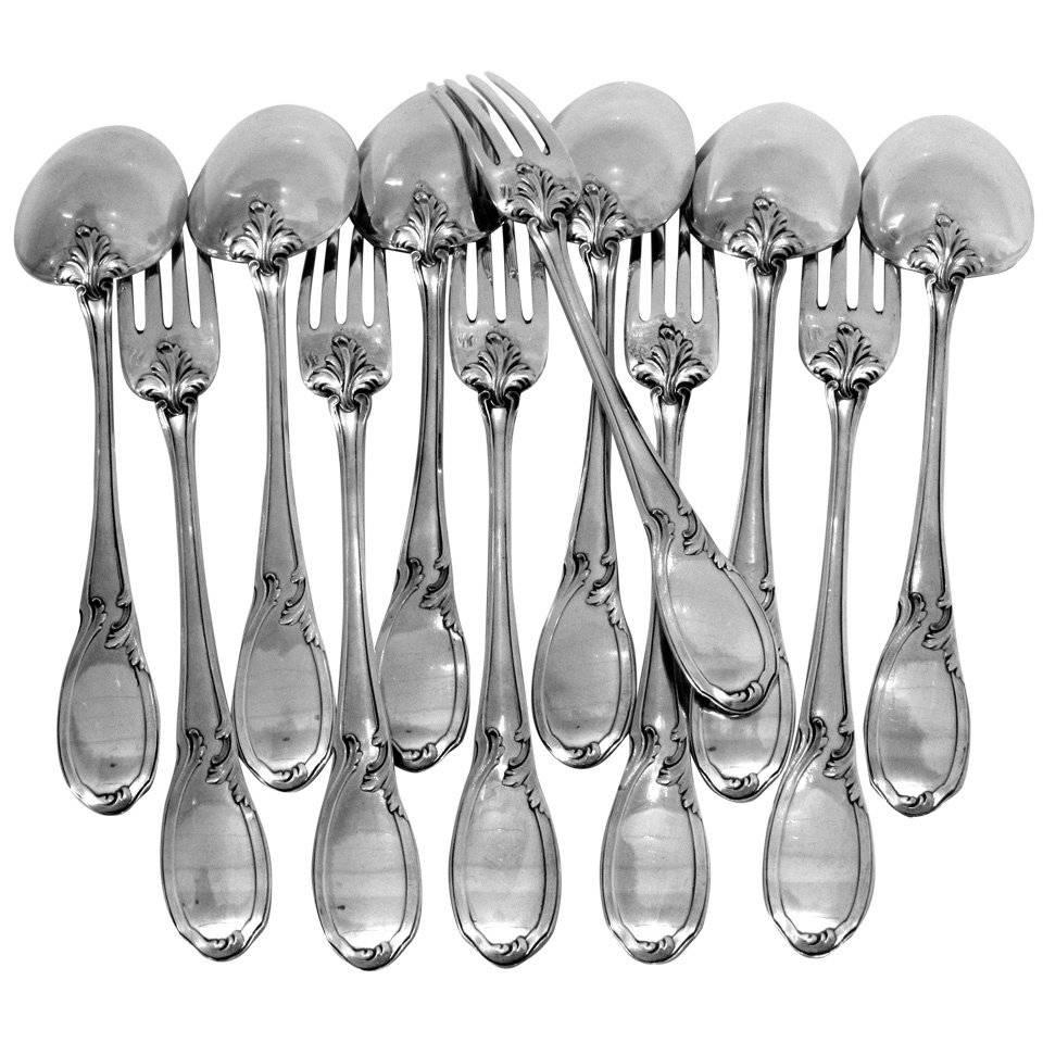 Canaux French Sterling Silver Dessert Entremet Flatware Set 12 Pieces Rococo For Sale