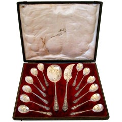 Used Bonnescoeur French All Sterling Silver Ice Cream Set 14 Pieces with Box Rococo