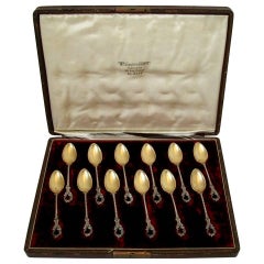 Antique German Sterling Silver Gold Teaspoons 12-Piece Set, Original Box, Rococo