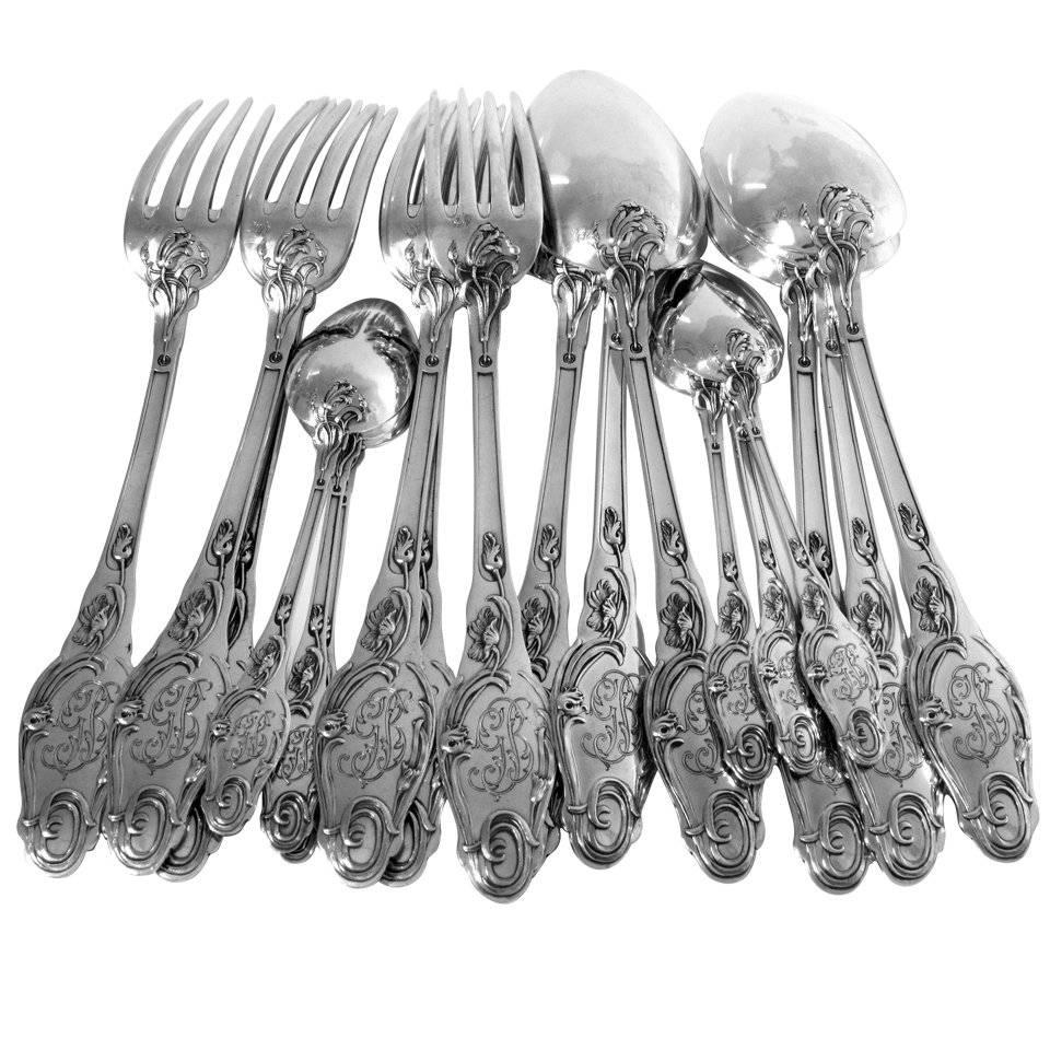 Lapparra Fabulous French Sterling Silver Dinner Flatware Set 18 Pieces Poppies