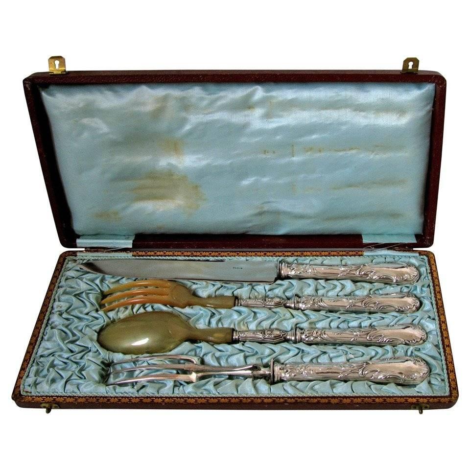 Gorgeous French Rococo Sterling Silver Salad Serving Carving Set 4 Pc with Box For Sale