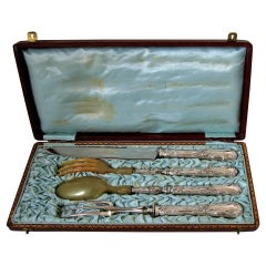 Antique Gorgeous French Rococo Sterling Silver Salad Serving Carving Set 4 Pc with Box