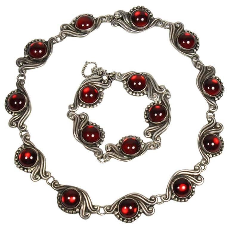 Gerardo Lopez Mexican Taxco Red Glass and Silver Necklace and Bracelet Set For Sale