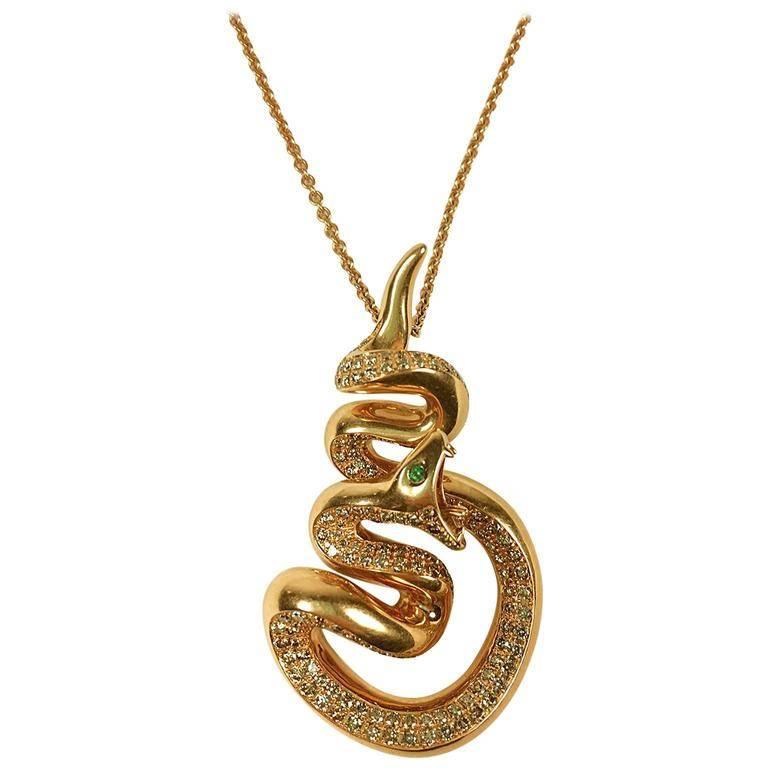 Stenzhorn Emerald Diamond Rose Gold Snake Pendant Necklace For Sale