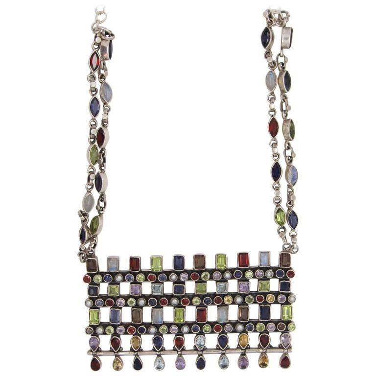 Mid-Century Modern Silver and Multi-Colored Gemstone Necklace For Sale