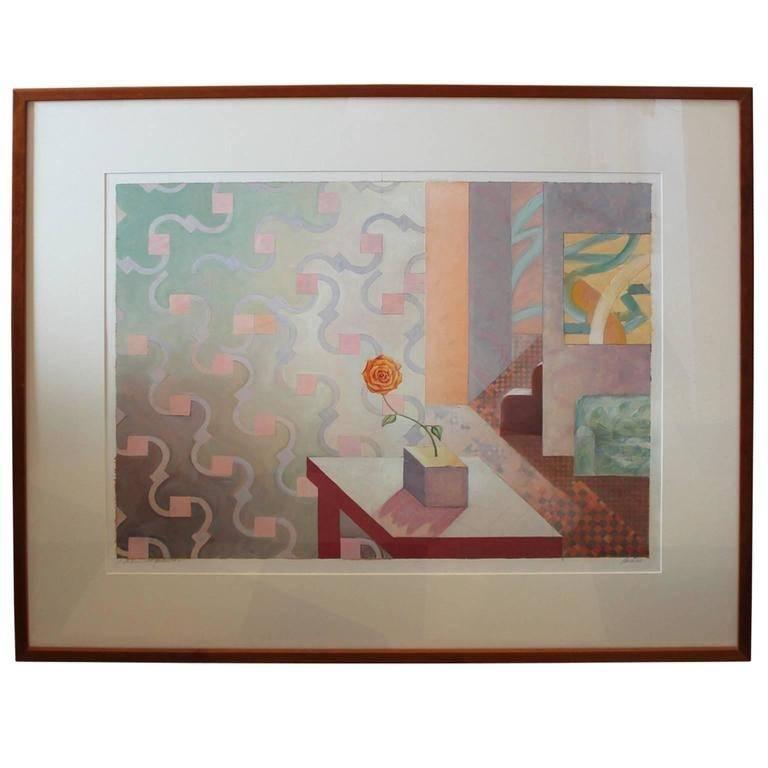 John Pavlicek Still-Life Painting - "2 Interiors with Flowers #2"- Surreal Architectural Abstract Pastel Painting