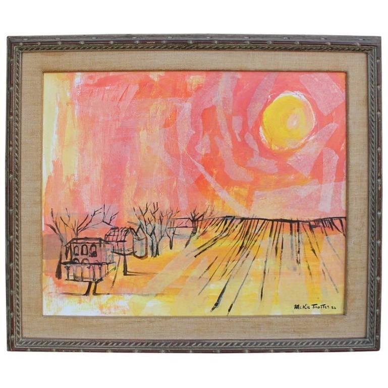 McKie Trotter Landscape Painting - Red and Yellow Abstract Landscape of a Farm